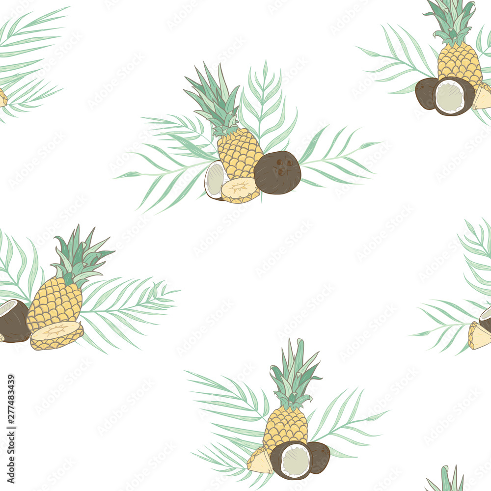 Vector Pina Colada Compositions on White seamless pattern background.
