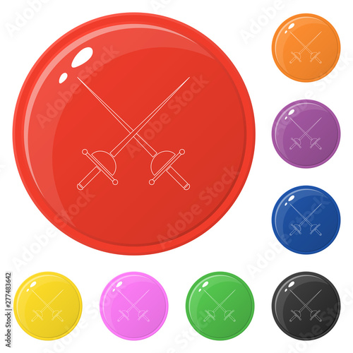 Line style crossed rapier icons set 8 colors isolated on white. Collection of glossy round colorful buttons. Vector illustration for any design.