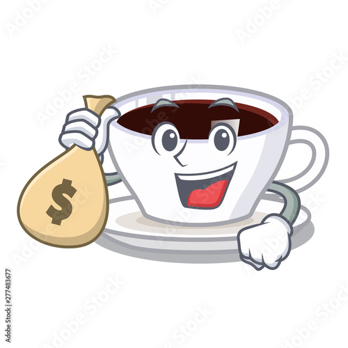 With money bag latte macchiato isolated with the mascot