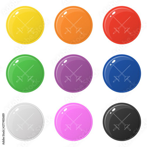 Line style crossed rapier icons set 9 colors isolated on white. Collection of glossy square colorful buttons. Vector illustration for any design.