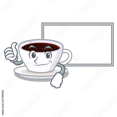 Thumbs up with board latte macchiato isolated with the mascot