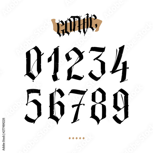The numbers are in the Gothic style. Symbols isolated on white background. Calligraphy and lettering. Medieval figures. Individual symbols. Elegant font for tattoo. A set of inscriptions.