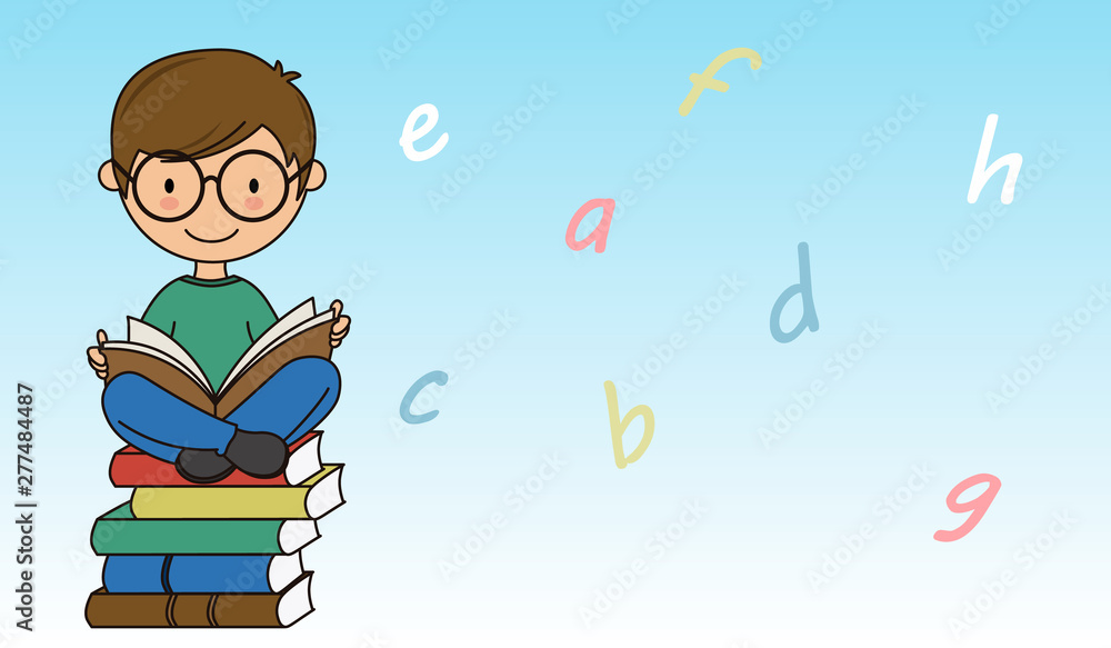 Boy reading a book. Letters background. Space for text Boy reading a book. Letters background. Space for text