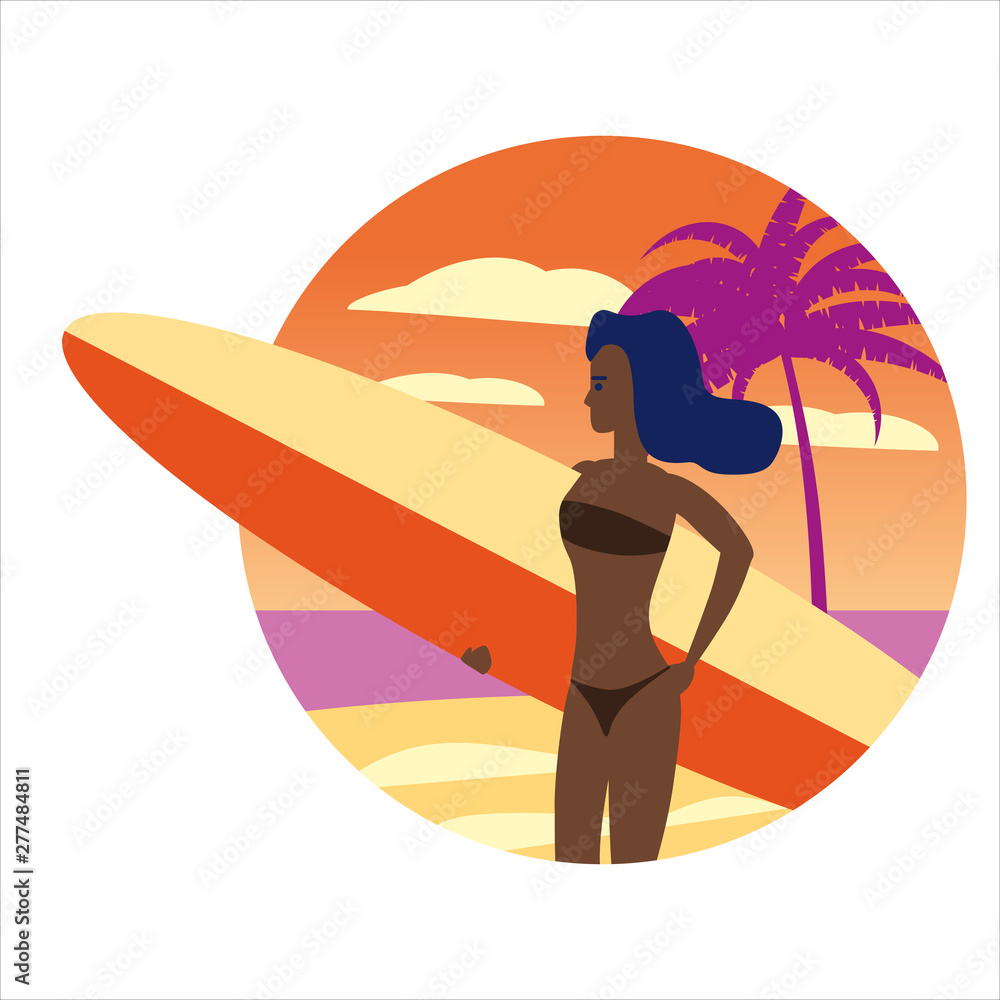 Icon activty on ocean sea summer girl with surf board
