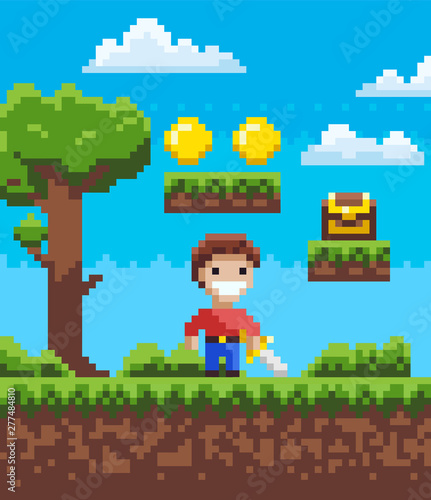 Smiling knight character holding steel, step with coins and box, tree and bush, adventure pixel game, male with galive outdoor, person on ground vector © robu_s