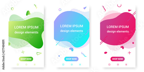 3 Modern liquid abstract element shape gradient memphis style design fluid vector colorful illustration banner set simple shape template for presentation, flyer, brochure isolated on white background.