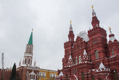 Classic view of the historical museum and tower of the Moscow Kremlin