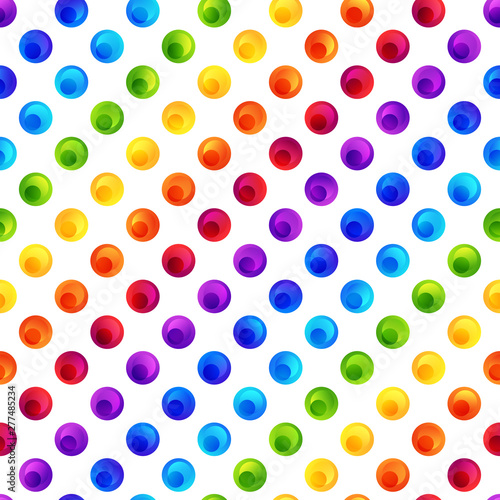 Rainbow Seamless Pattern of Colorful Circles on White Backdrop.