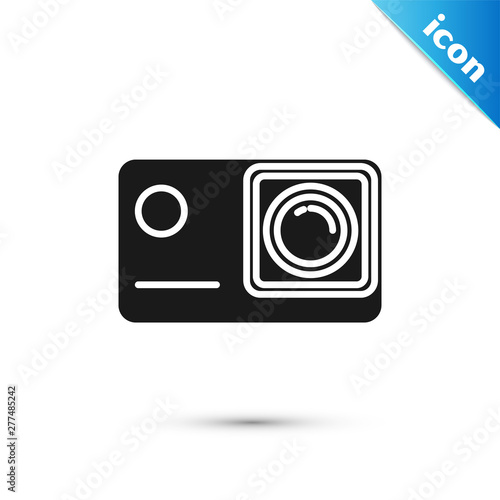 Black Action extreme camera icon isolated on white background. Video camera equipment for filming extreme sports. Vector Illustration