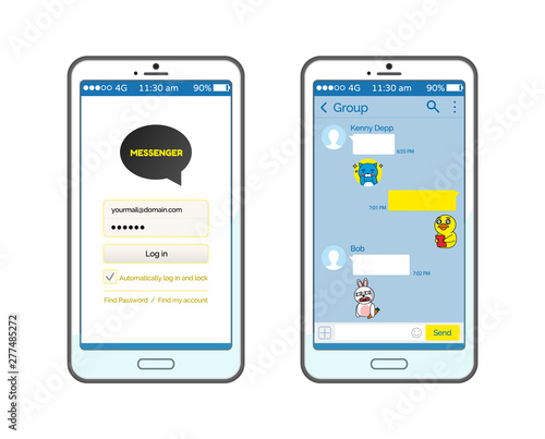 Korean messenger with start and chatting page vector, set of smartphones with conversation. Stickers and emojis, social media for online communication