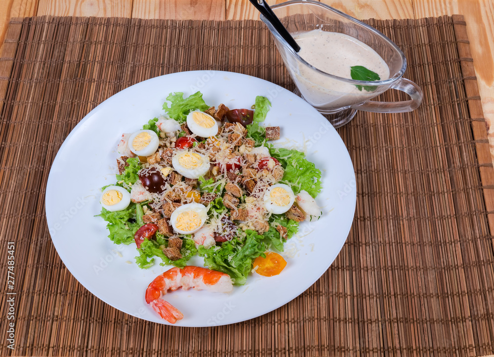 Vegetable salad with shrimp tails and boiled quail eggs Vegetable salad with shrimp tails and boiled quail eggs