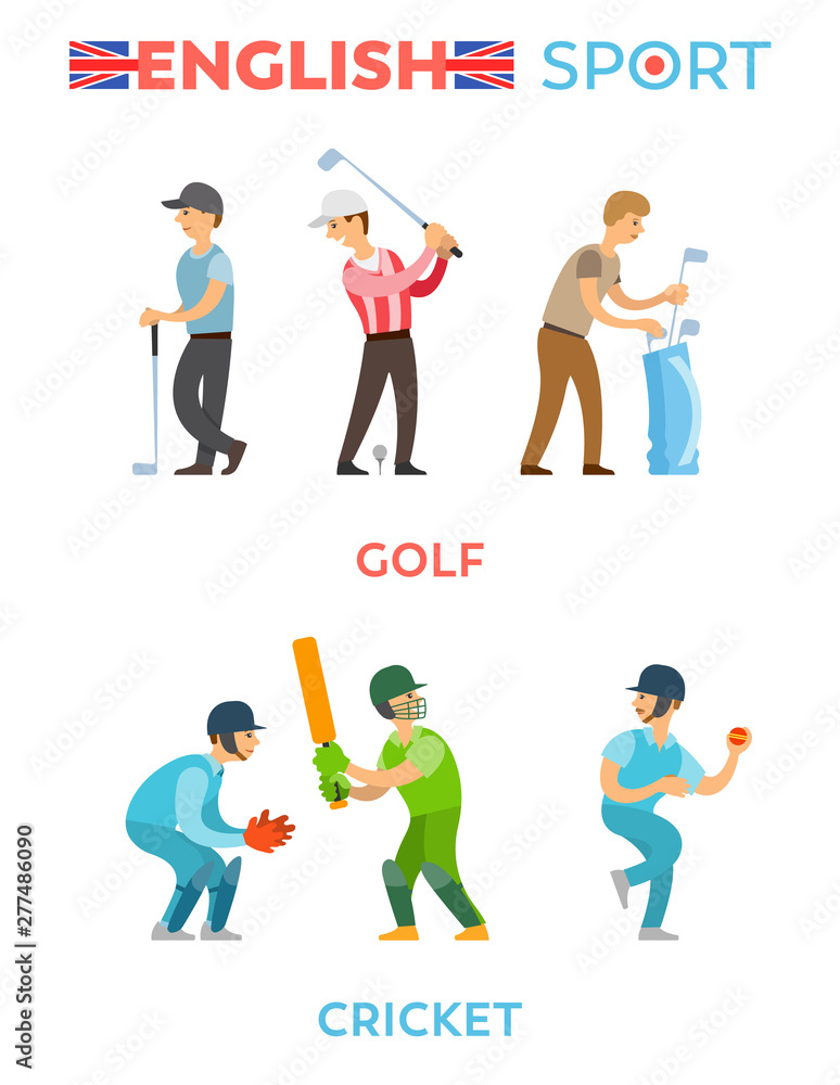 People playing golf and cricket, men holding golf-club, ball and bat, portrait and full length view of male character, team of English sport vector