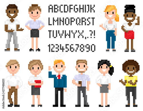 Man and woman pixel characters, full length and portrait view of smiling superhero, people waving, shooting and holding, pixel alphabet numbers and text decoration pixelated business or education game