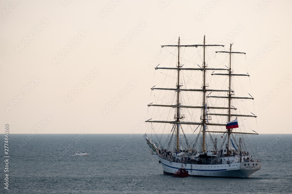 Sailing training ship Khersones. Black Sea. The Coast Of Sochi. Yachts and ships at sea.