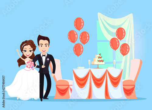 Table with wedding cake and decor vector, bride and groom, woman holding bouquet happy couple in love, balloons decoration, ribbons and stripes desk