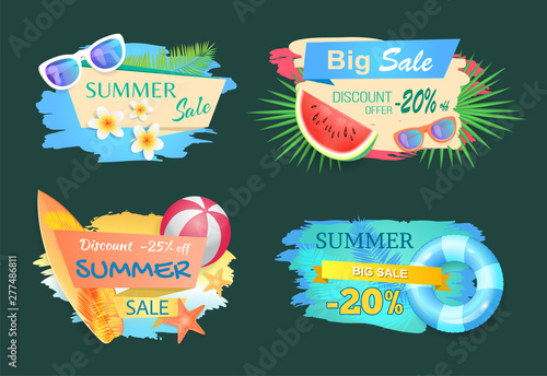 Summer big sale banners and text on stripes set vector. Good deal and bargain, proposition and best choice. Surfing board and ball, sunglasses flower
