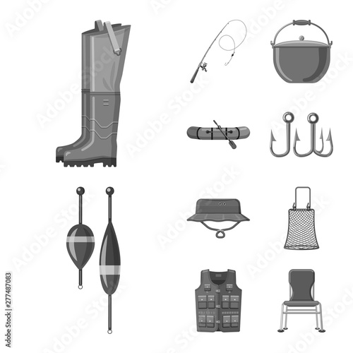 Vector design of fish and fishing logo. Set of fish and equipment stock symbol for web.