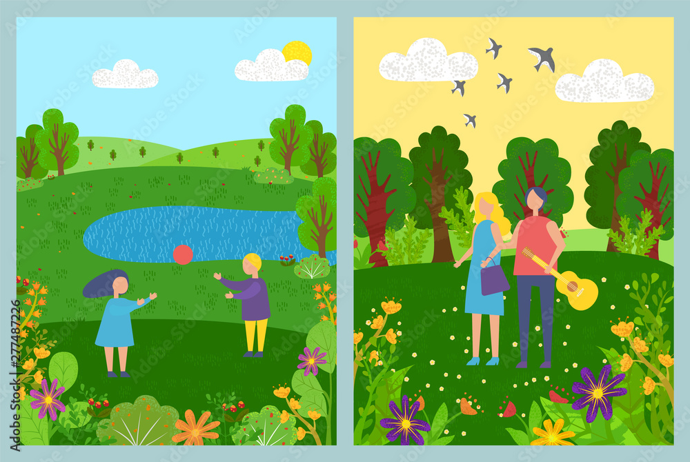 Obraz premium Man and woman on date in forest vector, couple in park relaxing on weekends, male holding guitar guitarist with instrument, children playing with ball