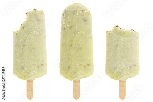 set of bitten green mung beans popsicle isolated on white background photo