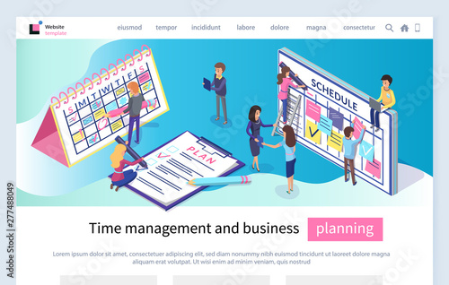 Time management and business planning vector, people with notes making up schedule to cope with tasks in time avoiding deadlines on calendars. Website or webpage template, landing page flat style