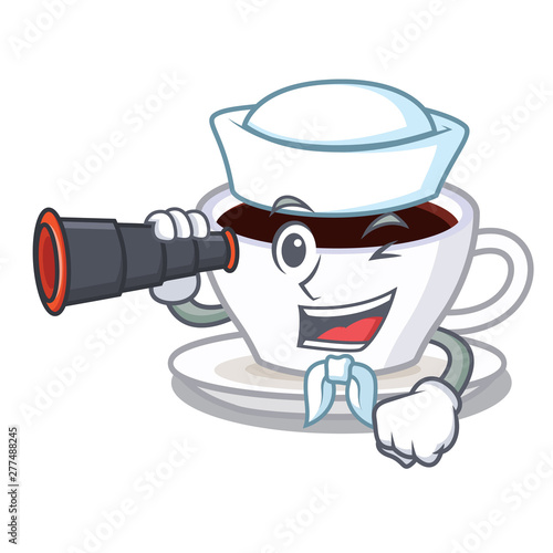 Sailor with binocular latte macchiato in the cartoos shape