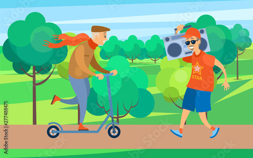 Entertainment in park active lifestyle vector, pensioner listening to music stylish elderly person with scarf and cap riding scooter outdoors hipsters
