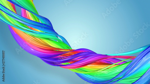 Beautiful multicolored ribbon glitters brightly. Abstract rainbow color ribbon twisted into a circular structure on a blue background. 17