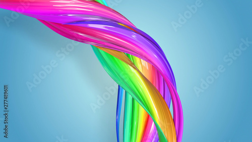 Beautiful multicolored ribbon glitters brightly. Abstract rainbow color ribbon twisted into a circular structure on a blue background. 55