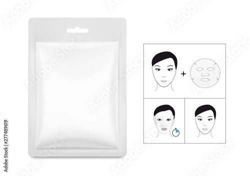 Pouch bags mockup with information about face mask isolated on white background. Vector illustration. Can be use for template your design, presentation, promo, ad. EPS10.