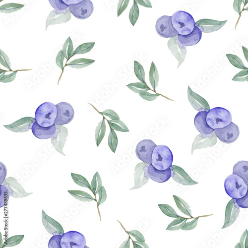 Watercolor seamless pattern of berries. Blueberry and leaves. Perfect for summer projects  wrapping paper  office products and textile.