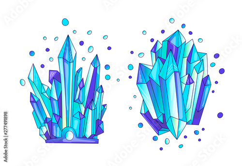 Blue crystal, cartoon cute vector Quartz illustration. Quartz Crystal druse, blue princess grain and crown on white. Cartoon bright blue cute semiprecious stones of Quartz, cute princess illustration