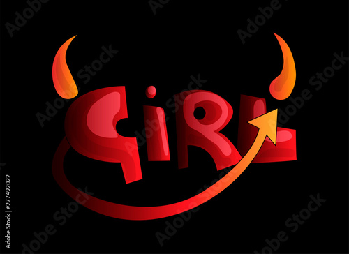 Cartoon word Girl with devil horns and tail in red and orange color. Hell devil girl concept, cute cartoon style about bad girl, evil girls. Cartoon heck girl word with horn and red tail, isolated on