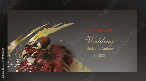 Tropical gold maroon monstera leaves on black dark background vector. Beautiful botanical design with tropic jungle leaves, exotic plant and golden paint smear Wedding invitation card, holiday sale