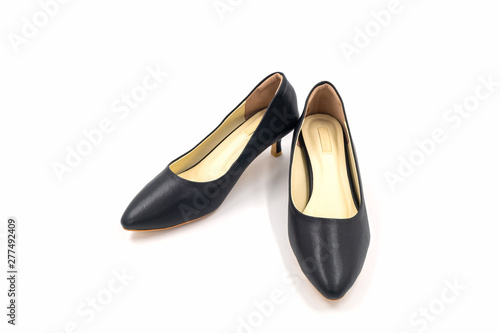 Black female high heeled leather shoes on white background.