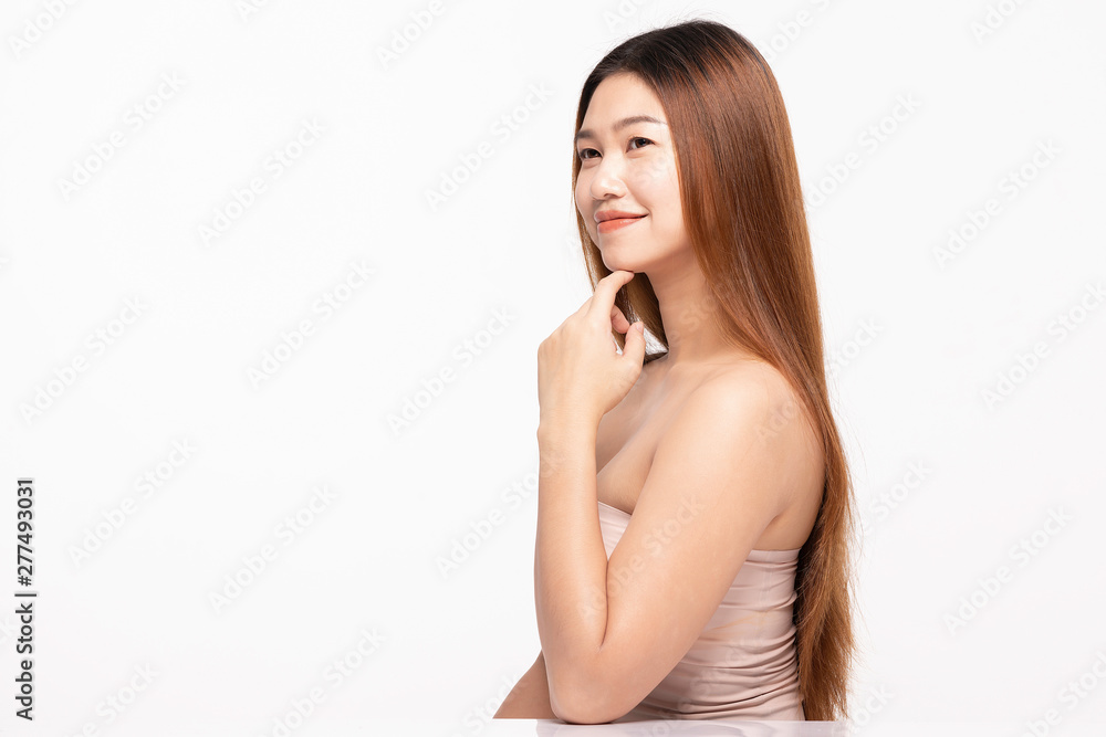 Side View Of Beautiful Young Asian Woman Looking Away While Touching Chin feeling so happy and cheerful with healthy Clean and Fresh skin,isolated on white background,Beauty Cosmetology Concept Side View Of Beautiful Young Asian Woman Looking Away While Touching Chin feeling so happy and cheerful with healthy Clean and Fresh skin,isolated on white background,Beauty Cosmetology Concept