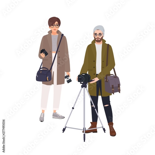 Photographer and his assistant isolated on white background. Pair of photo jo...