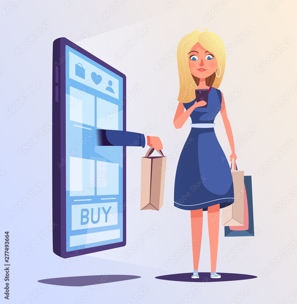 Online shopping. Beautiful girl character design. Cartoon vector illustration Online shopping. Beautiful girl character design. Cartoon vector illustration