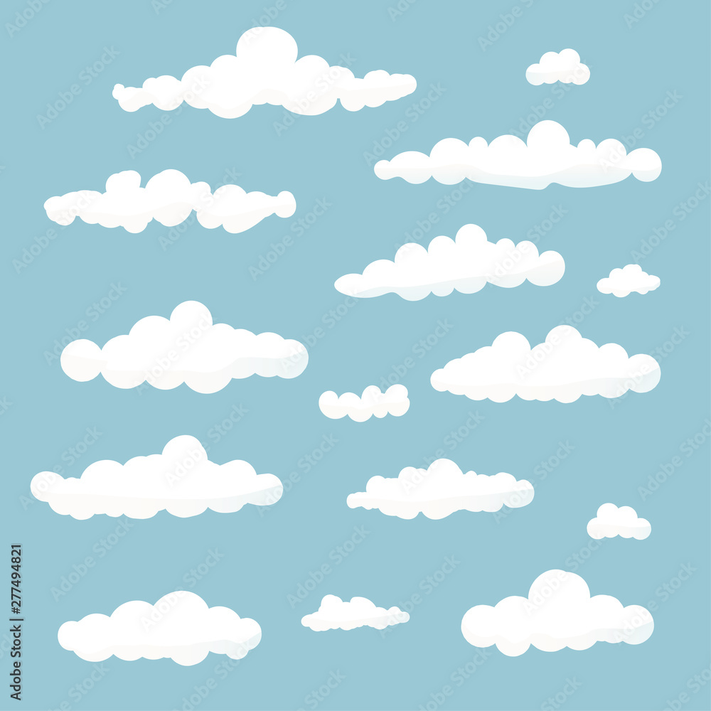 Set of Cloud in cartoon style on blue background. White vector clouds isolate. Vector illustration Set of Cloud in cartoon style on blue background. White vector clouds isolate. Vector illustration