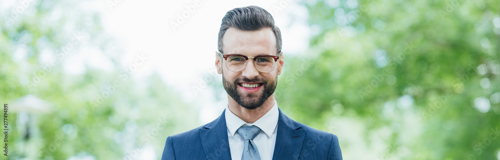 panoramic shot of young handsome businessman looking at camera and smiling panoramic shot of young handsome businessman looking at camera and smiling