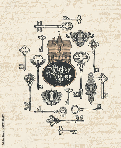 Vector banner with vintage keys, keyholes, old house and Gothic lettering in retro style. Hand-drawn illustration on abstract background of faded old manuscript with spots and blots