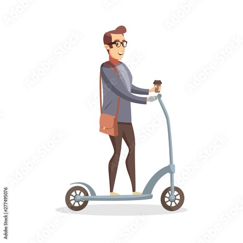 Man office worker with handbag laughing while riding Electric Scooter and holding a coffee paper cup. Modern eco transport concept. Renting a mobility scooter illustration graphic design. 