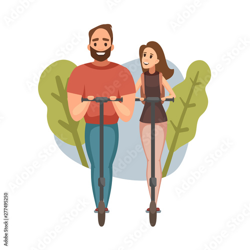 Woman and man with handbag laughing while riding Electric Scooter. Modern eco transport concept. Business people illustration graphic design.