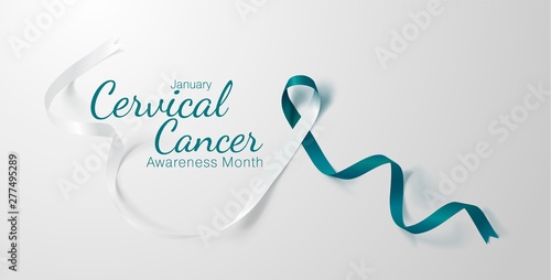 Cervical Cancer Awareness Calligraphy Poster Design. Realistic Teal and White Ribbon. January is Cancer Awareness Month. Vector. Illustration photo