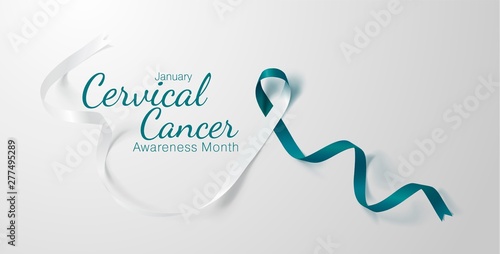 Cervical Cancer Awareness Calligraphy Poster Design. Realistic Teal and White Ribbon. January is Cancer Awareness Month. Vector. Illustration