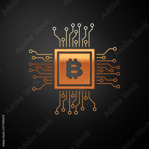 Gold CPU mining farm icon isolated on black background. Bitcoin sign inside processor. Cryptocurrency mining community. Digital money. Vector Illustration