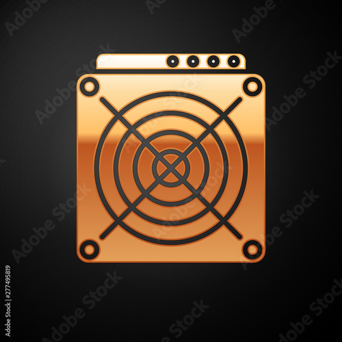 Gold ASIC Miner icon isolated on black background. Cryptocurrency mining equipment and hardware. Application specific integrated circuit. Vector Illustration