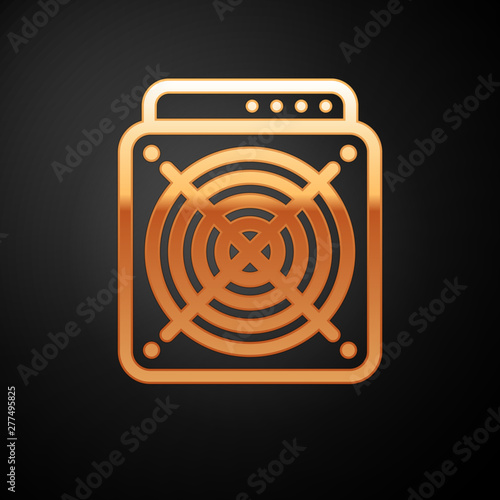Gold ASIC Miner icon isolated on black background. Cryptocurrency mining equipment and hardware. Application specific integrated circuit. Vector Illustration
