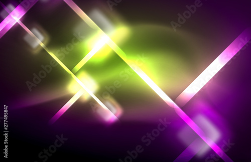 Neon square and line lights on dark background with blurred effects