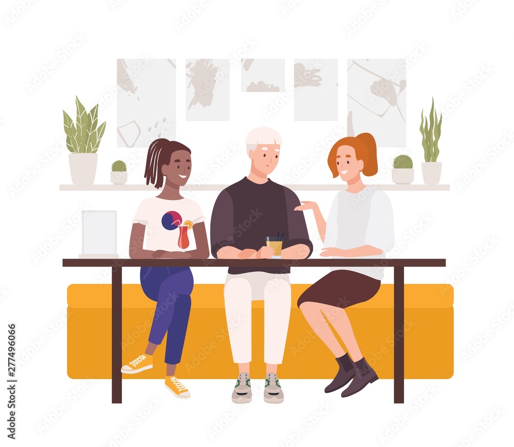 Group of friends sitting at cafe table, drinking cocktails and talking. Friendly meeting and conversation. Young men and women spending time together at bar. Flat cartoon colorful vector illustration.