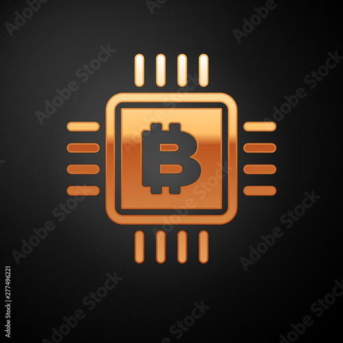 Gold CPU mining farm icon isolated on black background. Bitcoin sign inside microchip. Cryptocurrency mining community. Digital money. Vector Illustration